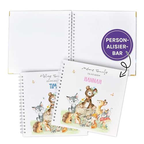 FEENSTAUB Gästebuch Taufe 1.Geburtstag, Taufgästebuch personalisiert [Handmade] Ringbuch [made in Austria], Erinnerungsalbum blanko, Fotoalbum, personalisiertes Taufbuch, Geschenk Taufe, Tierfamilie von Feenstaub