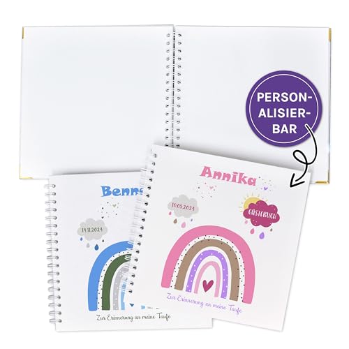 FEENSTAUB Gästebuch Taufe 1.Geburtstag, Taufgästebuch personalisiert [Handmade] Ringbuch [made in Austria], Erinnerungsalbum blanko, Fotoalbum, personalisiertes Taufbuch, Geschenk Taufe, Regenbogen von Feenstaub