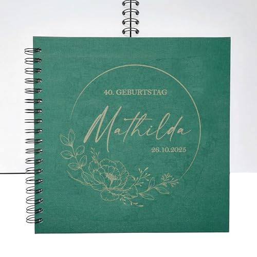Feenstaub Leinen-Gästebuch Geburtstag, Geburtstagsgästebuch personalisiert [Handmade] Ringbuch [made in Austria], Erinnerungsalbum blanko, Fotoalbum, Gästebuch graviert mit Namen, Blumen von Feenstaub
