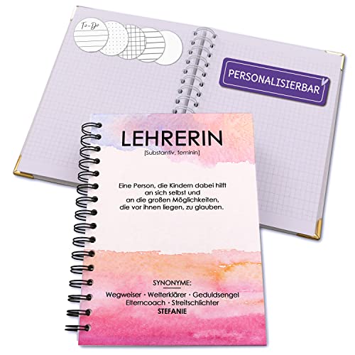 Feenstaub Personalisiertes Notizbuch Lehrerin, Notizbuch A5 blanko Hardcover, Lehrer Geschenk, Abschied Grundschullehrerin, Ringbuch personalisiert Name, Abschiedsgeschenk Lehrerin von Feenstaub