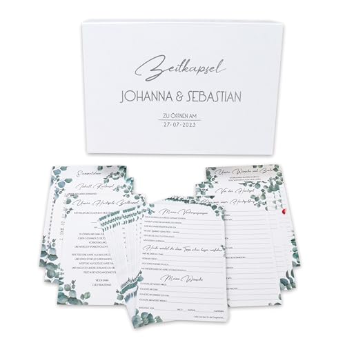 Feenstaub Zeitkapsel-Box Hochzeit mit Karten zum Ausfüllen für Gäste und Brautpaar, Geschenk, personalisierbare Box, Zeitkapsel Hochzeit, Gästekarten Hochzeit, Zeitkapsel Karten Hochzeit Eukalyptus Feenstaub Zeitkapsel-Box Hochzeit mit Karten zum Ausfüllen für Gäste und Brautpaar, Geschenk, personalisierbare Box, Zeitkapsel Hochzeit, Gästekarten Hochzeit, Zeitkapsel Karten Hochzeit Eukalyptus von Feenstaub