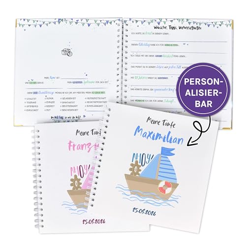 Gästebuch zur Taufe oder zum 1.Geburtstag mit vorgedruckten Fragen zum Ausfüllen für die Gäste als Erinnerung, mit Name und Datum personalisierbares Erinnerungsalbum, Taufgeschenk, Boot Schiff Gästebuch zur Taufe oder zum 1.Geburtstag mit vorgedruckten Fragen zum Ausfüllen für die Gäste als Erinnerung, mit Name und Datum personalisierbares Erinnerungsalbum, Taufgeschenk, Boot Schiff von Feenstaub