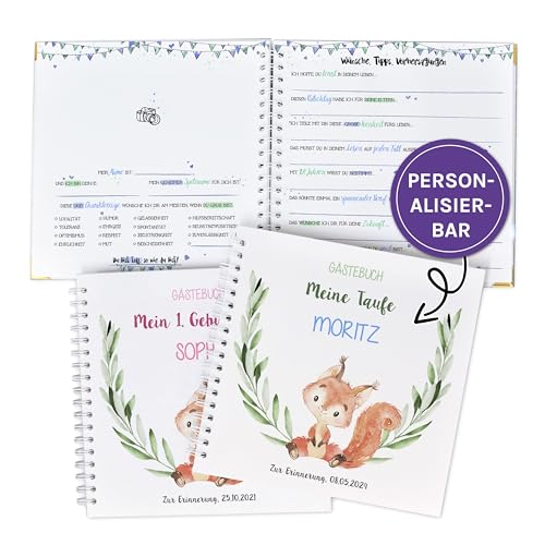 Gästebuch zur Taufe oder zum 1.Geburtstag mit vorgedruckten Fragen zum Ausfüllen für die Gäste als Erinnerung, mit Name und Datum personalisierbares Erinnerungsalbum, Taufgeschenk, Fuchs Gästebuch zur Taufe oder zum 1.Geburtstag mit vorgedruckten Fragen zum Ausfüllen für die Gäste als Erinnerung, mit Name und Datum personalisierbares Erinnerungsalbum, Taufgeschenk, Fuchs von Feenstaub