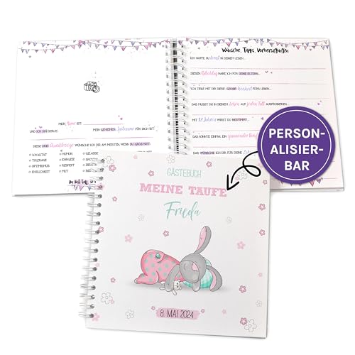 Gästebuch zur Taufe oder zum 1.Geburtstag mit vorgedruckten Fragen zum Ausfüllen für die Gäste als Erinnerung, mit Name und Datum personalisierbares Erinnerungsalbum, Taufgeschenk, Hase Gästebuch zur Taufe oder zum 1.Geburtstag mit vorgedruckten Fragen zum Ausfüllen für die Gäste als Erinnerung, mit Name und Datum personalisierbares Erinnerungsalbum, Taufgeschenk, Hase von Feenstaub