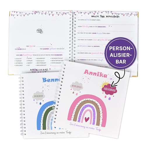 Gästebuch zur Taufe oder zum 1.Geburtstag mit vorgedruckten Fragen zum Ausfüllen für die Gäste als Erinnerung, mit Name und Datum personalisierbares Erinnerungsalbum, Taufgeschenk, Regenbogen Gästebuch zur Taufe oder zum 1.Geburtstag mit vorgedruckten Fragen zum Ausfüllen für die Gäste als Erinnerung, mit Name und Datum personalisierbares Erinnerungsalbum, Taufgeschenk, Regenbogen von Feenstaub