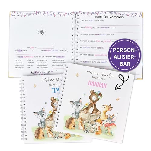Gästebuch zur Taufe oder zum 1.Geburtstag mit vorgedruckten Fragen zum Ausfüllen für die Gäste als Erinnerung, mit Name und Datum personalisierbares Erinnerungsalbum, Taufgeschenk, Tierfamilie Gästebuch zur Taufe oder zum 1.Geburtstag mit vorgedruckten Fragen zum Ausfüllen für die Gäste als Erinnerung, mit Name und Datum personalisierbares Erinnerungsalbum, Taufgeschenk, Tierfamilie von Feenstaub