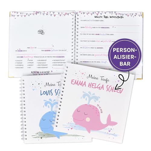 Gästebuch zur Taufe oder zum 1.Geburtstag mit vorgedruckten Fragen zum Ausfüllen für die Gäste als Erinnerung, mit Name und Datum personalisierbares Erinnerungsalbum, Taufgeschenk, Wal Gästebuch zur Taufe oder zum 1.Geburtstag mit vorgedruckten Fragen zum Ausfüllen für die Gäste als Erinnerung, mit Name und Datum personalisierbares Erinnerungsalbum, Taufgeschenk, Wal von Feenstaub