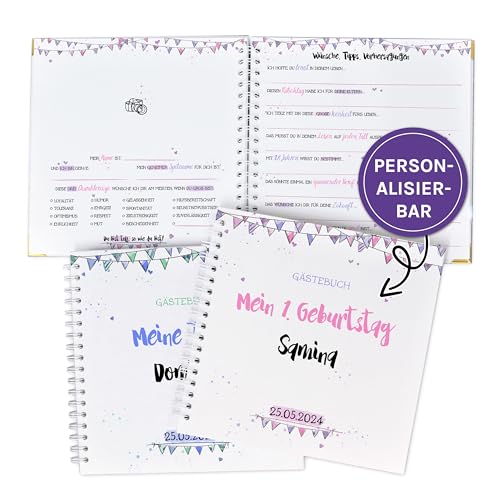 Gästebuch zur Taufe oder zum 1.Geburtstag mit vorgedruckten Fragen zum Ausfüllen für die Gäste als Erinnerung, mit Name und Datum personalisierbares Erinnerungsalbum, Taufgeschenk, Wimpel Gästebuch zur Taufe oder zum 1.Geburtstag mit vorgedruckten Fragen zum Ausfüllen für die Gäste als Erinnerung, mit Name und Datum personalisierbares Erinnerungsalbum, Taufgeschenk, Wimpel von Feenstaub