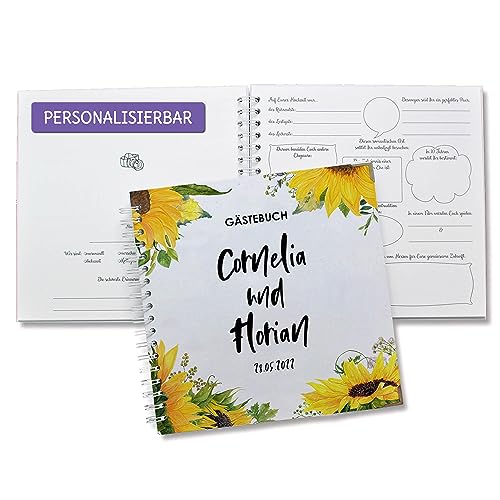 FEENSTAUB Gästebuch Hochzeit mit Fragen zum Ausfüllen, Hochzeitsgästebuch personalisiert, Hochzeit Gästebuch, Sonnenblume, personalisiertes Hochzeitsbuch, Vorgedruckte Fragen für Gäste, Hochzeitsalbum von Feenstaub