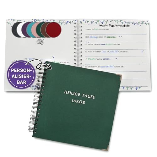 Leinen-Gästebuch zur Taufe oder zum 1.Geburtstag mit vorgedruckten Fragen zum Ausfüllen für die Gäste als Erinnerung, mit Name und Datum personalisierbares Erinnerungsalbum, Taufgeschenk von Feenstaub