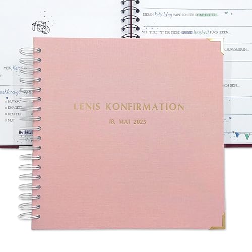 Personalisiertes Gästebuch zur Erstkommunion, Konfirmation, Firmung, Jugendweihe mit vorgedruckten Fragen für die Gäste zum Ausfüllen, Erinnerungsbuch Kommunion, Leinen-Gästebuch mit Fragen von Feenstaub