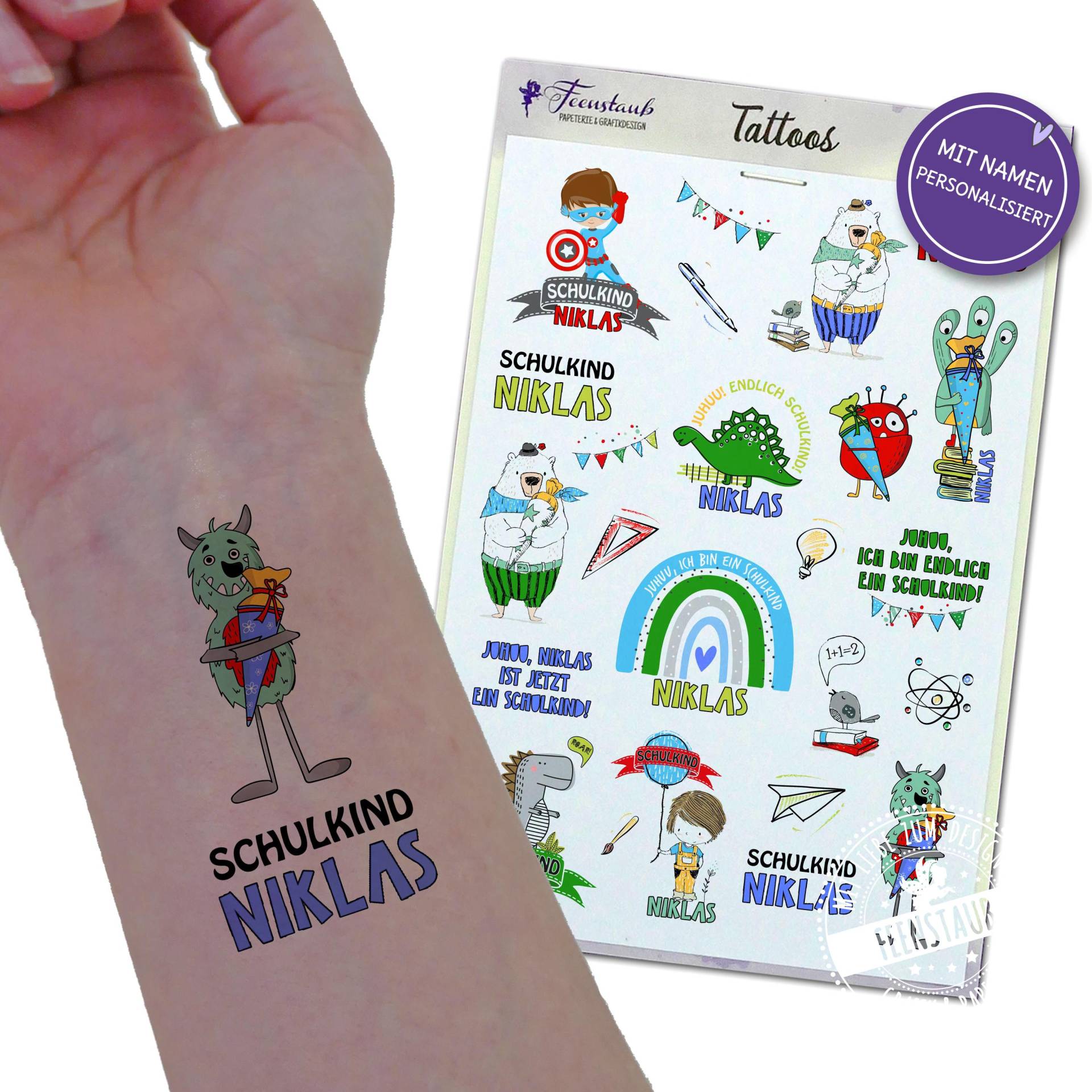 Kindertattoo Einschulung Geschenkidee, Personalisiertes Geschenk Mit Name, Für Die Schultüte, Temporäre Tattoos, Abziehtattoo, Mitgebsel Kindertattoo Einschulung Geschenkidee, Personalisiertes Geschenk Mit Name, Für Die Schultüte, Temporäre Tattoos, Abziehtattoo, Mitgebsel von FeenstaubHandmade
