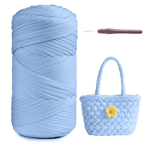 T-Shirt Garn 400g/120m, Stoff T Shirt Garns zum Häkeln mit 6mm Häkelnadel, Dickes Polyester-Garn für Häkeltaschen Körbe Teppiche Weben Wandbehang Heimdekoration DIY-Kunsthandwerk (Blau) von Fegat