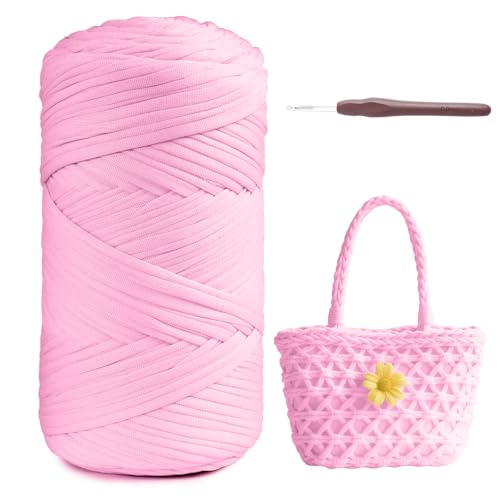 T-Shirt Garn 400g/120m, Stoff T Shirt Garns zum Häkeln mit 6mm Häkelnadel, Dickes Polyester-Garn für Häkeltaschen Körbe Teppiche Weben Wandbehang Heimdekoration DIY-Kunsthandwerk (Pink) von Fegat