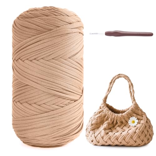 T-Shirt Garn 400g/120m Bändchengarn zum Stricken und Häkeln, Dickes Ribbon Crochet Yarn Strickgarn, Stoff, Häkelgarn für Taschen, Körbe Polyester- mit einer 6mm Khaki von Fegat