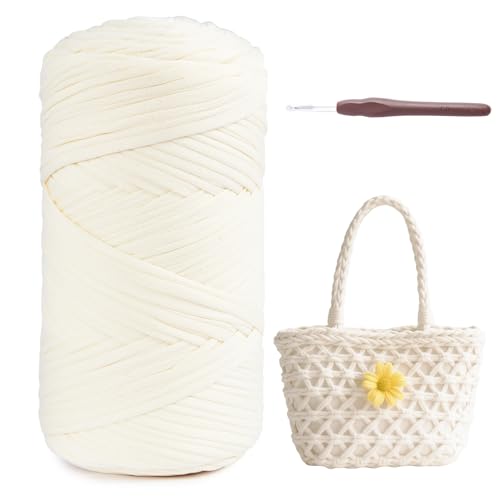 T-Shirt Garn 400g/120m Bändchengarn zum Stricken und Häkeln, Dickes Ribbon Crochet Yarn Strickgarn, Stoff, Häkelgarn für Taschen, Körbe Polyester- mit einer 6mm Milchweiß von Fegat