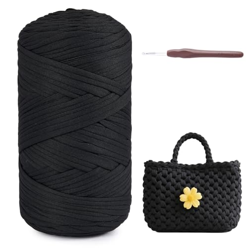 T-Shirt Garn 400g/120m Bändchengarn zum Stricken und Häkeln, Dickes Ribbon Crochet Yarn Strickgarn, Stoff, Häkelgarn für Taschen, Körbe Polyester- mit einer 6mm Schwarz von Fegat