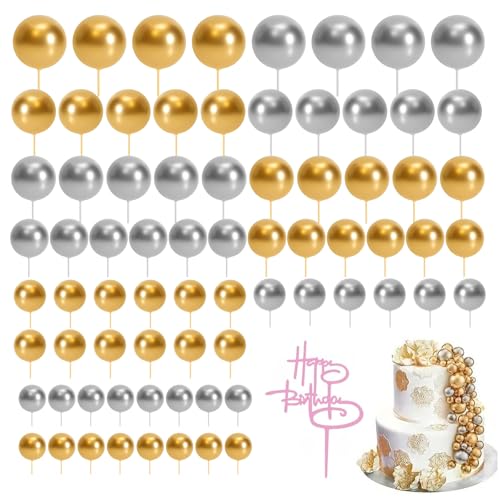 109 Stück Tortendeko Kugeln Cake Topper – Mini Schaum Ballons DIY Torten Deko für Hochzeit Birthday, Festliche Torte Dekoration (Silber/Gold) von FeiOne