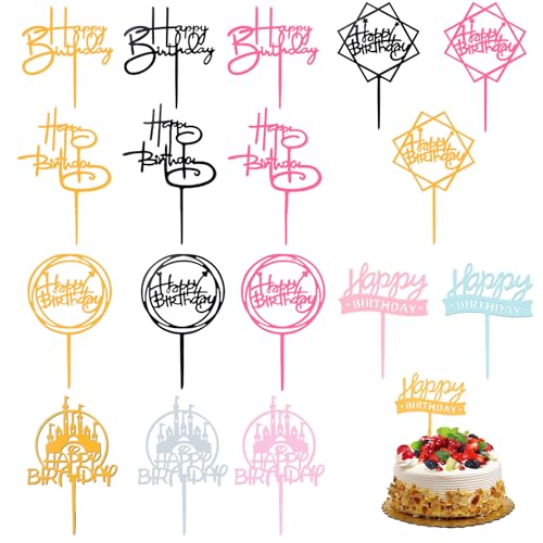 18 Stück Happy Birthday Tortendeko, Cake Topper Geburtstag, Wiederverwendbarcake Acryl Tortendeko Geburtstag, Verschiedene Formen Acryl Glitter für Mädchen, Kinder, Hochzeit(Gemischter) von FeiOne