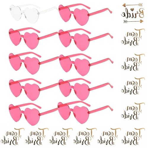 22 Stück JGA Braut-Set Herz Sonnenbrillen Team Brautglas Transparent Farbig Hippie Partybrille Junggesellinnenabschied Deko, 10Herz Sonnenbrille+12Bride Tattoo Aufkleber(Transparent, Rosa) von FeiOne
