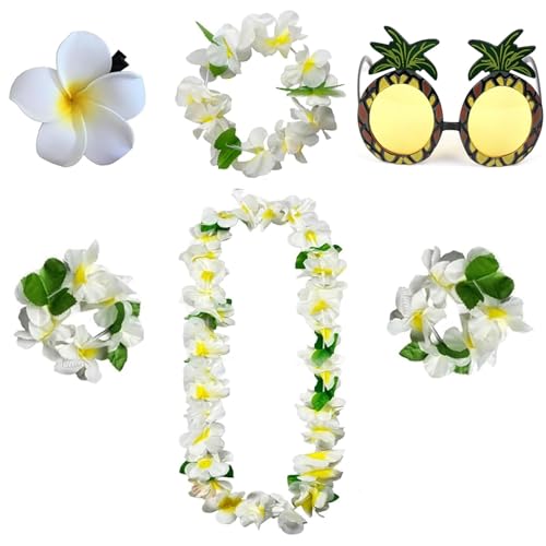 5-Teiliges Set Hawaii Outfit Damen mit Blumenkranz, Blumenhaarband, Blumenarmbandes, Blütenkopfes & Ananas-Sonnenbrille – Perfekt für Strandpartys, Sommerfeste & Karneval (Weiß) von FeiOne