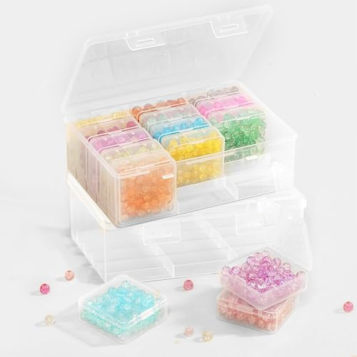 FeiOne 2 Stück 15-Gitter Mini Aufbewahrungsboxen (5,36 x 5,36 x 2 cm) mit Klappdeckel - Transparente Kunststoffbox für Perlen, Pillen, Schmuck, Bastelzubehör & Kleinteile (Diamond Painting Zubehör) von FeiOne