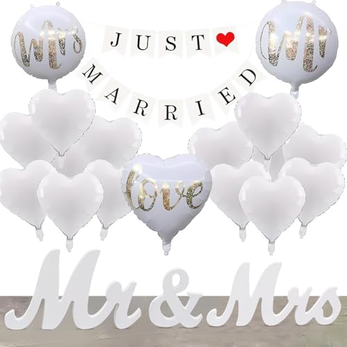 55 Stück Hochzeitsdeko Set, Mr & Mrs Deko Hochzeit, Just Married Girlande mit 53 Ballons, Mr & Mrs Deko Hochzeit Buchstaben Folienballon, Dekoration Standesamt Deko Brautdusche Wedding von FeiOne