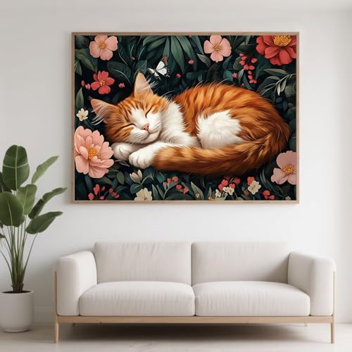 Diamond Painting Erwachsene Katze Diamant Painting Bilder Blume, 5D Diamond Art Basteln Mädchen 8 Jahre, DIY Crystal Stickerei Kreuzstich Diamant Malere für Zimmer Deko Geschenke 100x75 cm F0-324 von FeiPride