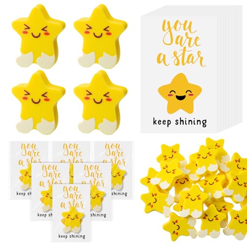 Feifeiya 25 Sets inspirierendes Geschenk für Kinder zum Schulanfang, inklusive motivierenden, sternförmigen Radiergummis, lustige Radiergummis, Motivationskarten mit OPP-Beuteln, Schulgeschenke von Feifeiya