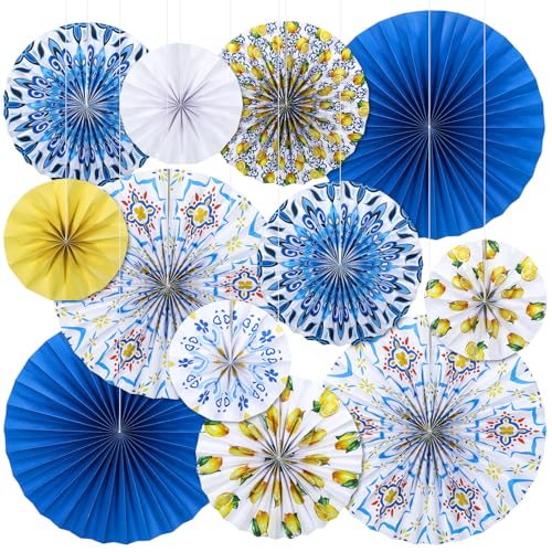 Feifeiya Capri-Zitronen-Papierfächer zum Aufhängen, 20,3 cm, 30,5 cm, 40,6 cm, blaue und gelbe Capri-Zitronen-Papierfächer-Set, rund, Porzellan-Druck, hängende Sommerdekoration, mediterrane Feifeiya Capri-Zitronen-Papierfächer zum Aufhängen, 20,3 cm, 30,5 cm, 40,6 cm, blaue und gelbe Capri-Zitronen-Papierfächer-Set, rund, Porzellan-Druck, hängende Sommerdekoration, mediterrane von Feifeiya