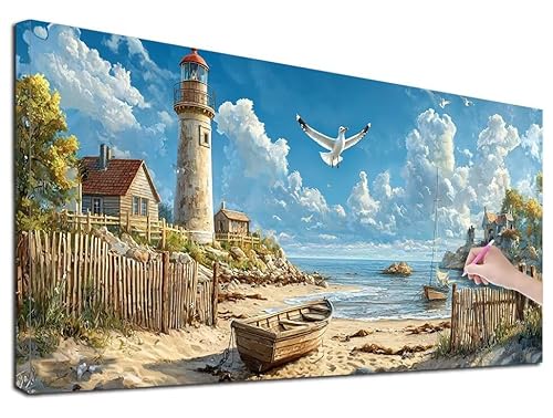 Diamond Painting Leuchtturm, 90x40 cm Diamond Painting Erwachsene Groß XXL, 5D Diamant Painting Bilder Strand für Erwachsene Anfänger, Weihnachtsdeko Mosaikherstellung Bastelset für Wanddeko, E-91 von Feionnug