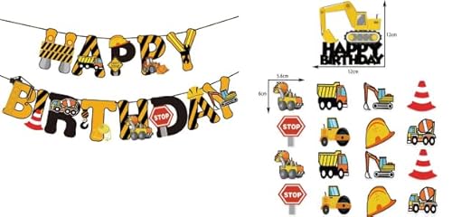 Tortendeko Baustelle,18 Stück Bagger Kuchen Deko,Happy Birthday Banner,Cupcake Topper Gabelstapler, Tortenaufleger für Tischdekoration Thema Geburtstagsparty für 2 3 4 5 Jahre Kindergeburtstag von Feirdhoo