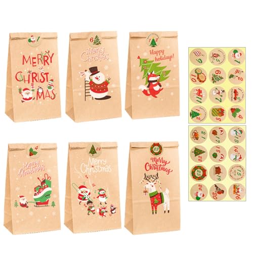 Accessoires Adventskalender zum Befüllen, 24 Papiertüten, weihnachtliche Zahlenaufkleber, Holzklammern, Juteschnur, Adventskalender, DIY-Geschenktüten zum Basteln und Verschenken. (Beige, 24x13x3cm) von Feizikaw