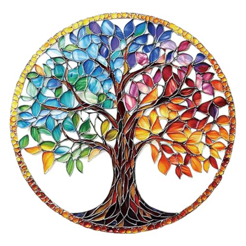 Fensterhänger Deko Baum des Lebens, gebeiztes Fenster-Hängedekor, gebeiztes Acryl-Fenster-Kunstpaneel, Fensterbehänge, grüner Baum-Sonnenfänger, gebeiztes Paneel, hängendes Ornament für (Red, 20x20cm) von Feizikaw