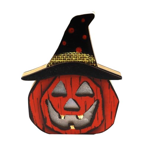 Halloween Fensterbank Deko Halloween Dekorative Lichter Halloween Desktop Dekor Holz Glühende Kürbis Dekoration Batterie Powered Halloween Desktop Holz Zeichen Dekoration Wohnkultur (A, 17x14x2cm) von Feizikaw