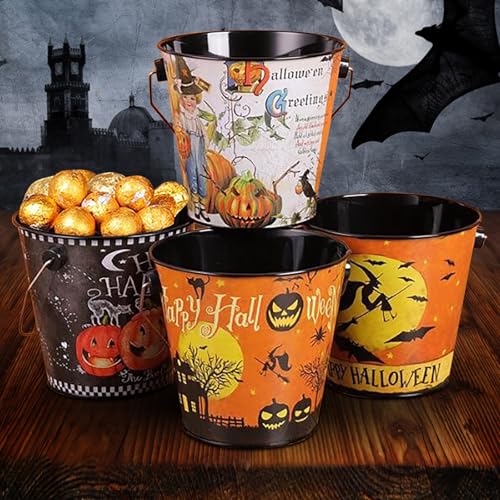 Halloween Holzfiguren Halloween-Süßigkeiten-Eimer, Halloween-Eimer mit für Halloween, Süßigkeiten-Eimer Stahl für Partys, Halloween-Süßigkeiten-, zufällige Muster (B, 13X12cm) von Feizikaw