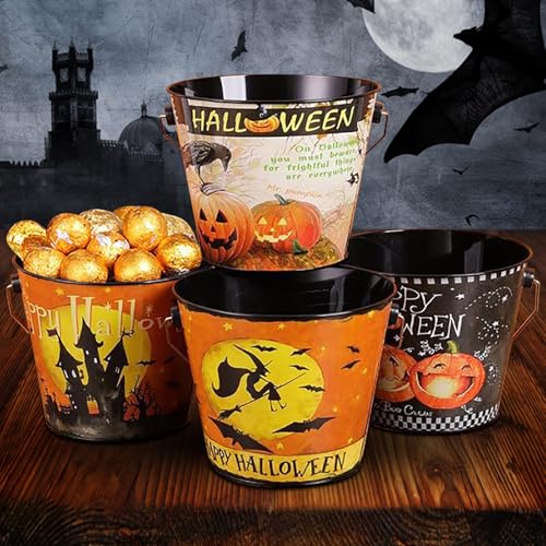 Halloween Holzfiguren Halloween-Süßigkeiten-Eimer, Halloween-Eimer mit für Halloween, Süßigkeiten-Eimer Stahl für Partys, Halloween-Süßigkeiten-, zufällige Muster (C, 16X13cm) von Feizikaw