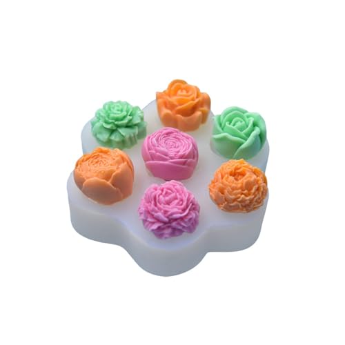 Tarteform 3D-Blumen-Silikon, 7 Mulden, Rose, Fondant, Schokolade, Süßigkeiten, Kerzen, Seife, zarte Pfingstrose, Blume, Silikon, Epoxidharz, Beton, DIY-Ornament (White, 11.9x2.5cm) von Feizikaw