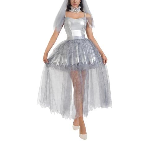 Felcia Vampir-Brautkostüm für Damen, Netzstoff, kurzärmelig, schulterfrei, Kleid mit Schleier und Schal (A-Grau, L) von Felcia