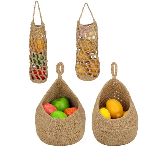 4 Stück Hängekorb Obstkorb Hängend Wandkorb, Fruit Basket Obstkorb Wand Hängekorb, Küche Wand Obst Gemüse Aufbewahrungskörbe Juteseil gewebt dekorativer Hängehalter für Küche von Felenny
