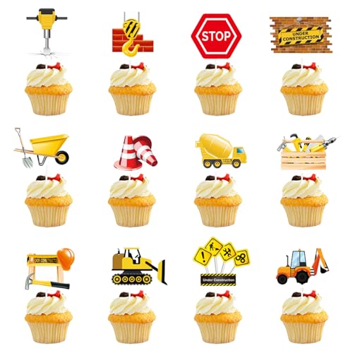 Feliciay 36 Stück Bagger Cake Topper,Straßenschild Baufahrzeug Cupcake Topper,Baufahrzeug Cupcake Topper,Bau Cupcake Topper,für Jungen Kinder Geburtstagstorte Party Dekoration von Feliciay