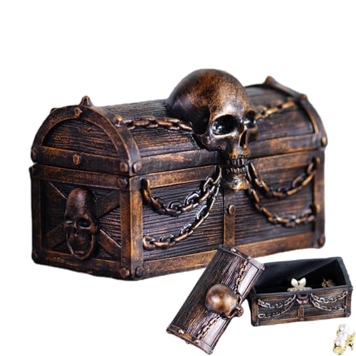 Fellflying Kleine Truhe - Gothic Treasure Pirate Aufbewahrungsbox - Schmuckschatulle aus Kunstharz mit Totenkopf und Ketten-Schmuckstück, Sammlungs-Aufbewahrungsbox für Piraten-Partygeschenke von Fellflying