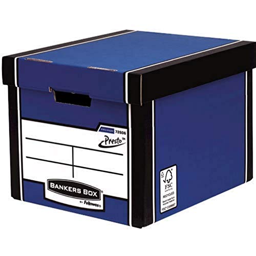 BANKERS BOX Premium Archivbox hoch, in 1 Sekunde aufgebaut dank Presto-System, extrem stabil, aus 100% recycelter Pappe, Farbe: blau, 10 Stück von Fellowes
