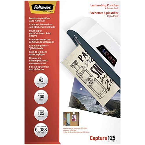 Fellowes Laminierfolie A3, 125 Mikron (2 x 125 mic), mit selbstklebender Rückseite für Aushänge und Hinweisschilder, 100 Stück Fellowes Laminierfolie A3, 125 Mikron (2 x 125 mic), mit selbstklebender Rückseite für Aushänge und Hinweisschilder, 100 Stück von Fellowes