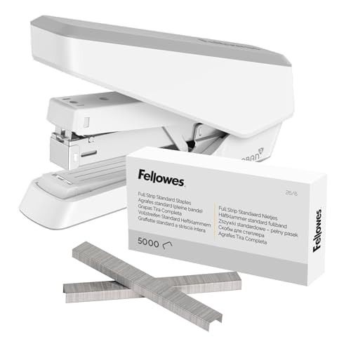 Fellowes Tacker, LX870 Hefter mit EasyPress™, tackert 40 Blätter mühelos, Flachheftung + Fellowes Heftklammern 26/6 mm für Full-Strip/Vollstreifen-Heftgeräte – Packung mit 5000 Stück – Silber - Bundle von Fellowes