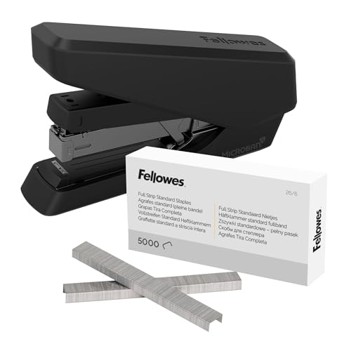Fellowes Tacker, LX870 Hefter mit EasyPress™ tackert 40 Blätter mühelos, Flachheftung + Fellowes Heftklammern 26/6 mm für Full-Strip/Vollstreifen-Heftgeräte – Packung mit 5000 Stück – Silber - Bundle von Fellowes