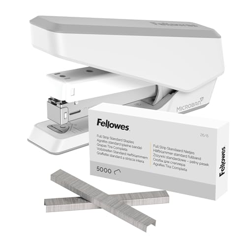 Fellowes Tacker LX850 Easy-Press Hefter mit Microban Technologie Heftgerät für 24/6mm und 26/6mm Hefklammern - Weiß - 1 Stück + Heftklammern 26/6 mm für Full-Strip/Vollstreifen-Heftgeräte von Fellowes