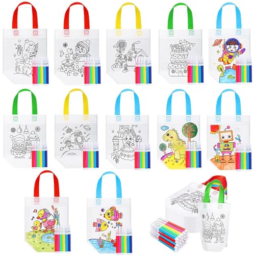 Felly Kindergeburtstag Gastgeschenke, 12 Stück Stoffbeutel zum Bemalen für Kinder und 12 Stück Wachsmalstifte, Perfekt für Kleine Geschenke für Kinder, Gastgeschenke Hochzeit Jungen und Mädchen von Felly