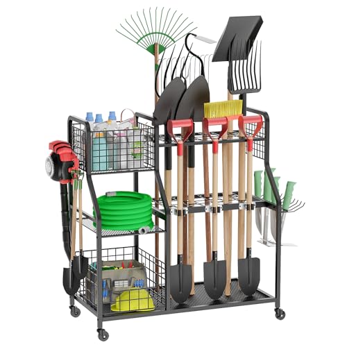 Felnuhee Gartenwerkzeug-Organizer für Garage, 3 Etagen, Werkzeug-Organizer und Aufbewahrungshalter mit Rollen, großes Gartenwerkzeugregal mit extra Aufbewahrungskorb für Felnuhee Gartenwerkzeug-Organizer für Garage, 3 Etagen, Werkzeug-Organizer und Aufbewahrungshalter mit Rollen, großes Gartenwerkzeugregal mit extra Aufbewahrungskorb für von Felnuhee