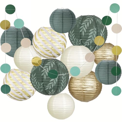 Papierlaterne 12 Stück Lampions Papierlaterne Rund Hängende Salbeigrün Papier Latern Lampenschirm mit Farbiges Band für Feiertagen Hochzeit Halloween Weihnachten Geburtstage Gartenparty Babyparty DEK von Feluxor